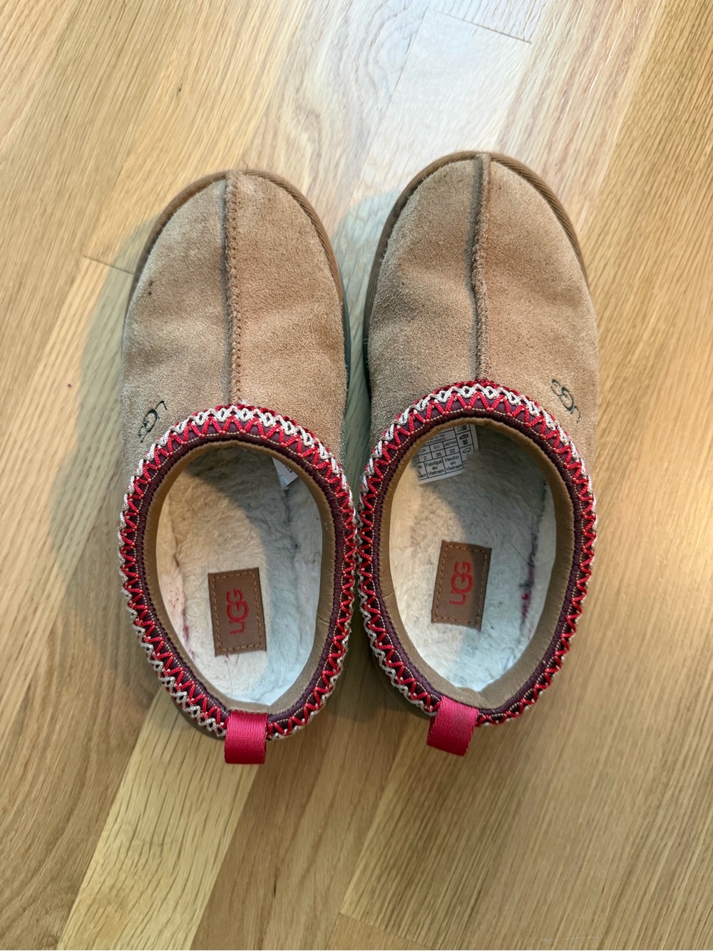 UGG Kids Chestnut Suede Slip-On Slippers with Red Trim